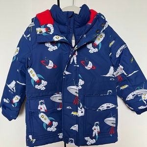 Like-new Boden waterproof parka 3-4Y (4T) - blue spaceship print